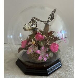 Vintage Butterfly Taxidermy Dried And Faux Pink Flowers In Glass Dome Decor